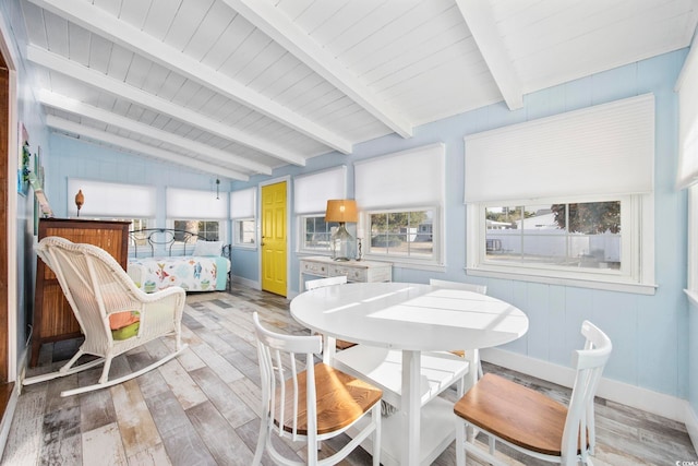 sunroom / solarium with lofted ceiling with beams and wooden ceiling