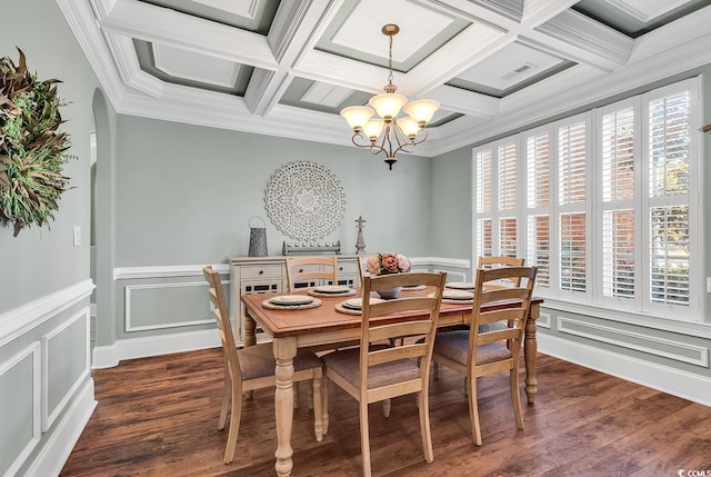 dining area featuring crown molding, coffered ceiling, dark hardwood / wood-style floors, and an inviting chandelier