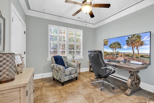 office area featuring ceiling fan and crown molding