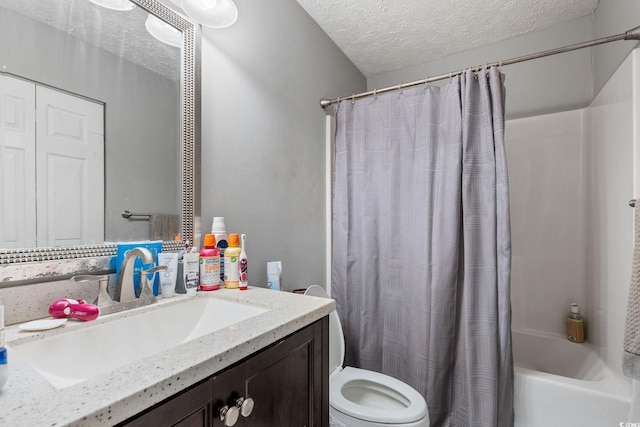 full bathroom with vanity, a textured ceiling, toilet, and shower / bathtub combination with curtain