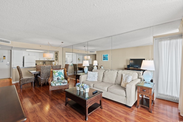 living room featuring hardwood / wood-style floors and a textured ceiling