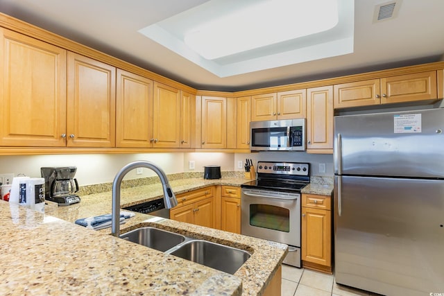 kitchen featuring light stone counters, sink, appliances with stainless steel finishes, and a tray ceiling