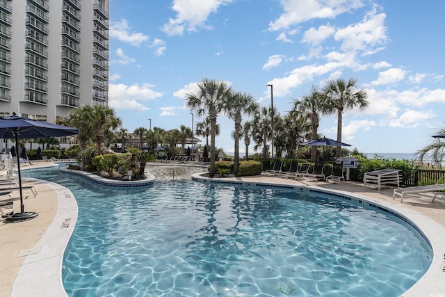 view of swimming pool with a patio