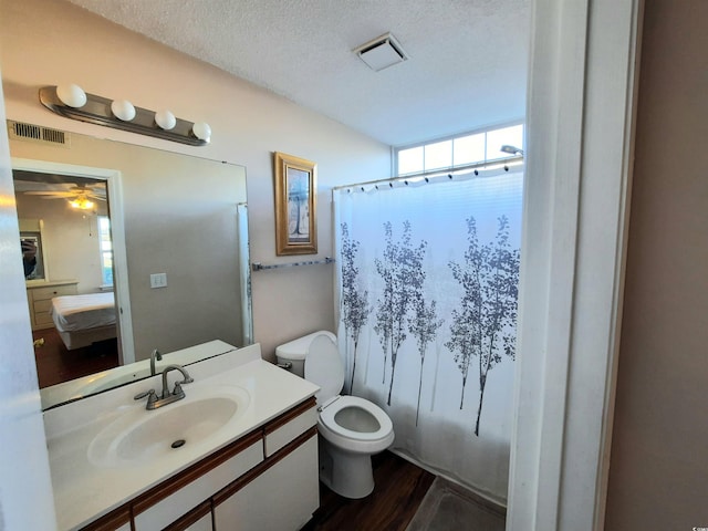 bathroom with toilet, vanity, a textured ceiling, and hardwood / wood-style flooring