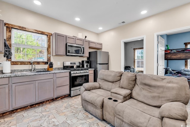 kitchen featuring appliances with stainless steel finishes, gray cabinets, and sink