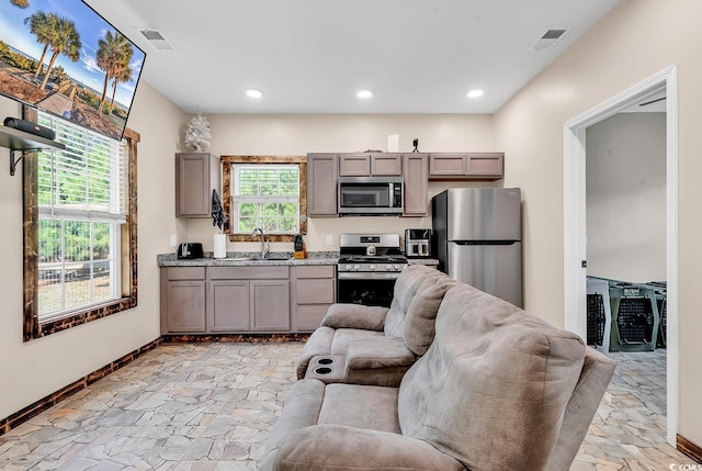 kitchen with gray cabinetry, sink, and appliances with stainless steel finishes