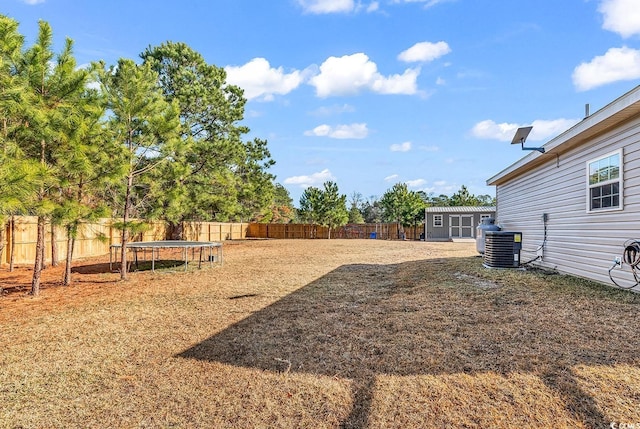 view of yard featuring a storage shed and a trampoline