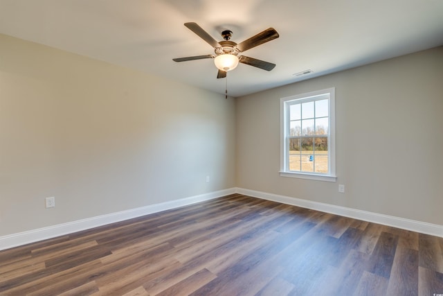 empty room featuring ceiling fan and dark wood-type flooring