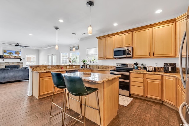 kitchen with ceiling fan, a kitchen island, dark hardwood / wood-style floors, and appliances with stainless steel finishes