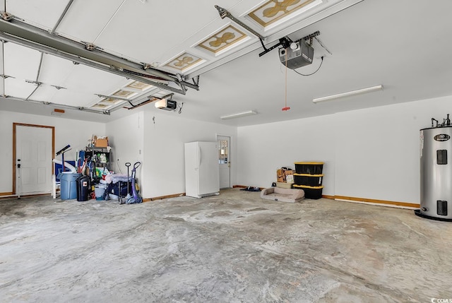 garage with a garage door opener, electric water heater, and white fridge