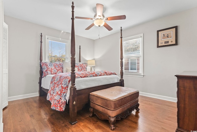 bedroom featuring hardwood / wood-style flooring and ceiling fan