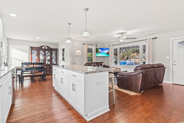 1673 Middleton St, Georgetown, SC 29440 - kitchen with a kitchen breakfast bar, open floor plan, a ceiling fan, wood finished floors, and recessed lighting