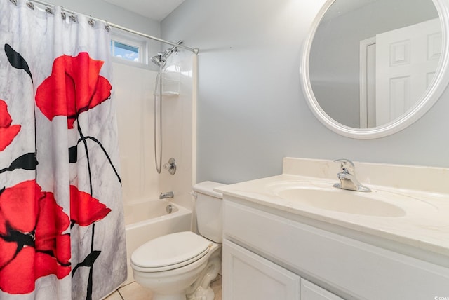 full bathroom featuring vanity, tile patterned flooring, shower / bathtub combination with curtain, and toilet