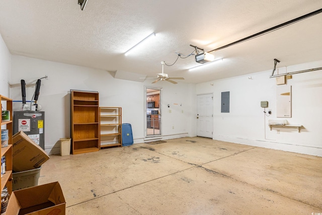 garage featuring ceiling fan, a garage door opener, electric water heater, and electric panel