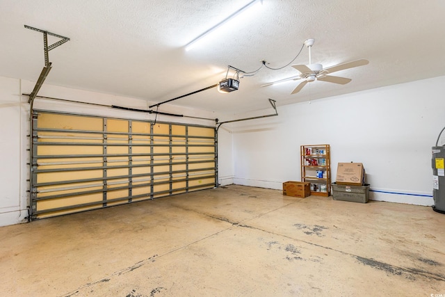 garage featuring ceiling fan, a garage door opener, and electric water heater