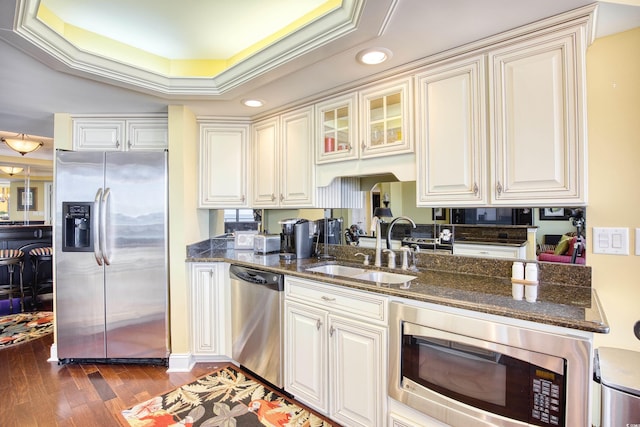 kitchen featuring dark hardwood / wood-style flooring, stainless steel appliances, a tray ceiling, and sink