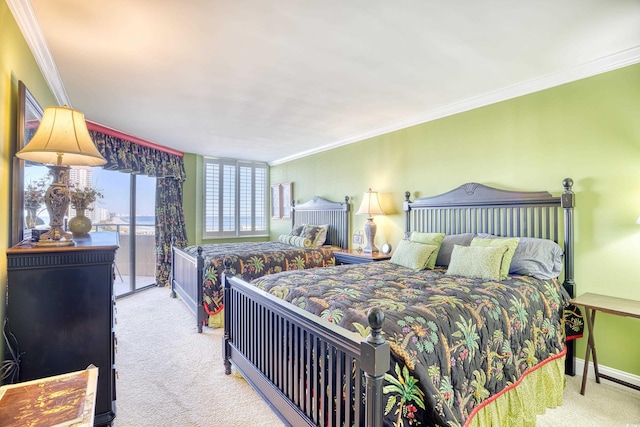 bedroom with light carpet, access to outside, and crown molding