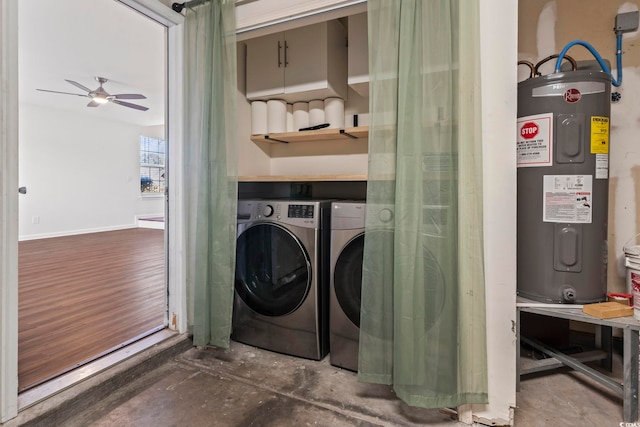 washroom with water heater, ceiling fan, and dark hardwood / wood-style floors