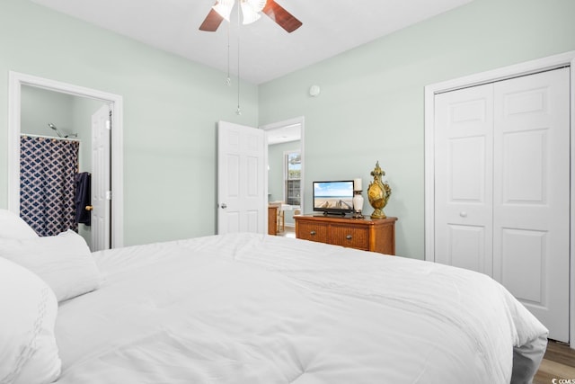 bedroom with hardwood / wood-style flooring, ceiling fan, and a closet