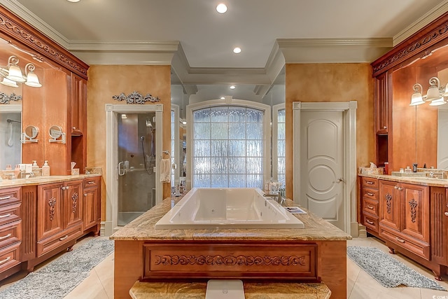 bathroom with tile patterned flooring, vanity, and ornamental molding