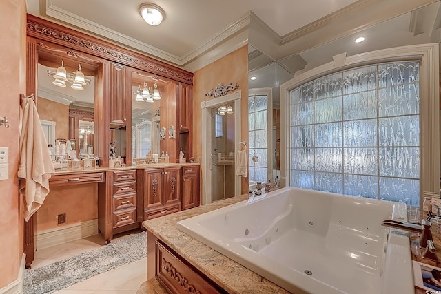 bathroom featuring vanity, tile patterned flooring, a bathtub, and ornamental molding