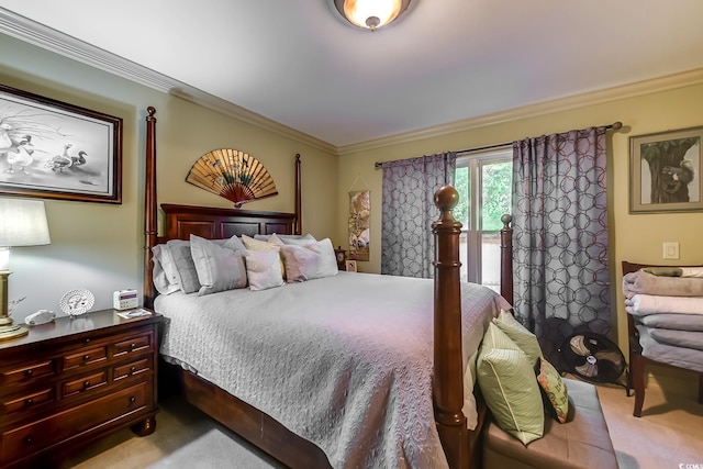 bedroom featuring crown molding and light carpet