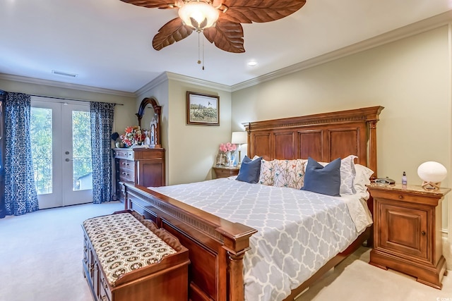 bedroom with french doors, ceiling fan, access to exterior, ornamental molding, and light colored carpet