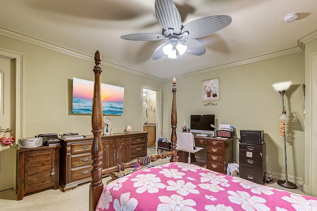 bedroom featuring ceiling fan, ornamental molding, light carpet, and connected bathroom