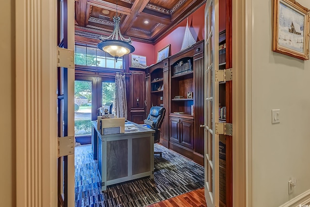 office featuring coffered ceiling, crown molding, wooden ceiling, beamed ceiling, and dark hardwood / wood-style floors