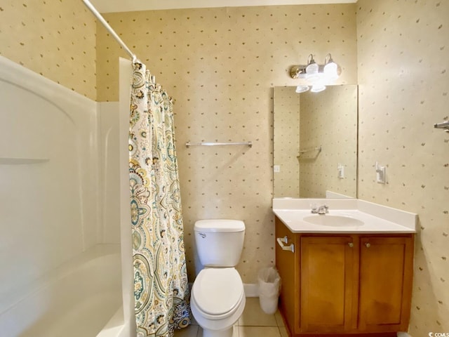 full bathroom with toilet, shower / bath combination with curtain, vanity, and tile patterned floors