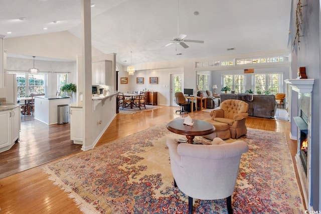 living room with hardwood / wood-style flooring, vaulted ceiling, and ceiling fan