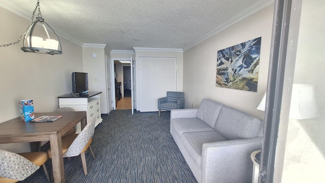 living room featuring dark colored carpet, a textured ceiling, and crown molding