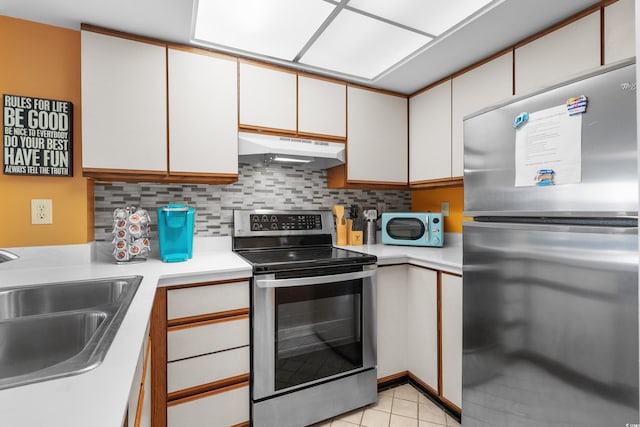 kitchen with decorative backsplash, sink, white cabinets, and stainless steel appliances