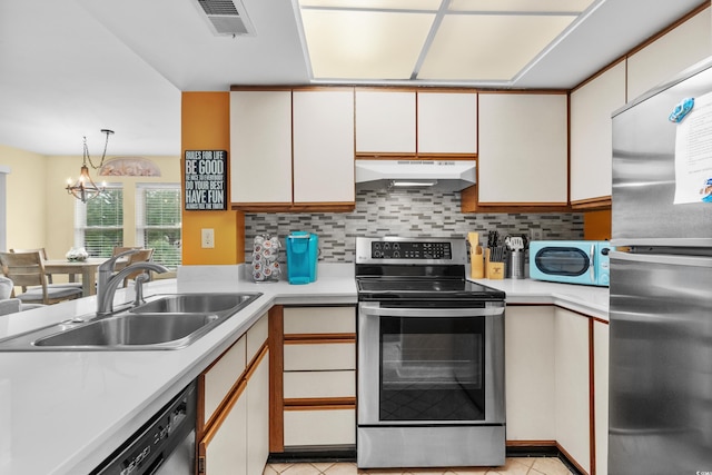 kitchen with sink, white cabinets, a chandelier, and appliances with stainless steel finishes