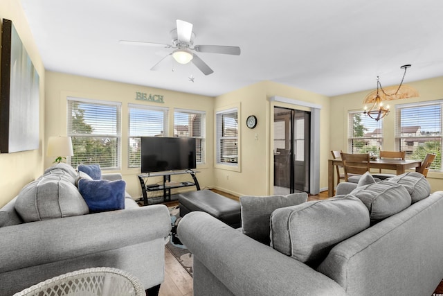 living room with a wealth of natural light, light hardwood / wood-style flooring, and ceiling fan with notable chandelier