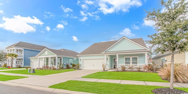 view of front of home featuring a garage, covered porch, driveway, and a front lawn