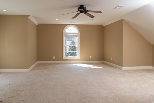 bonus room with recessed lighting, baseboards, visible vents, and light colored carpet