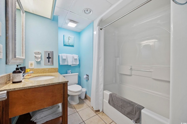 full bathroom with toilet, tile patterned flooring, shower / bathtub combination with curtain, and vanity