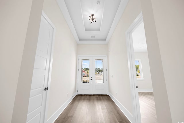 entryway featuring french doors, a tray ceiling, and dark wood-type flooring