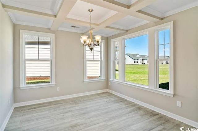 unfurnished dining area featuring coffered ceiling, light hardwood / wood-style flooring, ornamental molding, beamed ceiling, and a notable chandelier