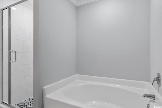 bathroom with crown molding and plus walk in shower