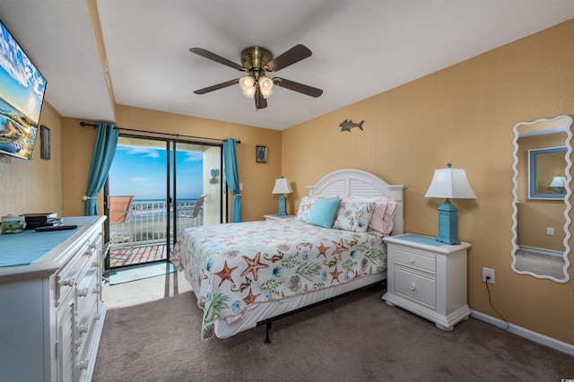 carpeted bedroom with access to outside and ceiling fan