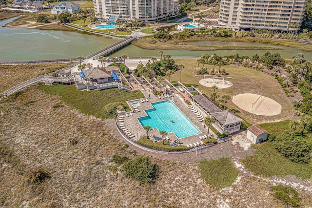 drone / aerial view with a water view