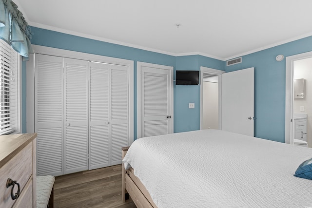 bedroom featuring connected bathroom, two closets, dark hardwood / wood-style floors, and ornamental molding