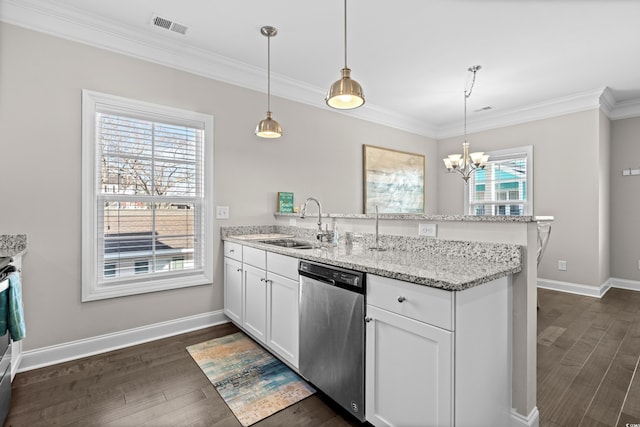 kitchen with light stone countertops, white cabinets, dishwasher, decorative light fixtures, and sink