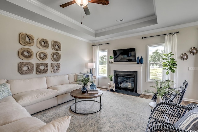 living room with hardwood / wood-style floors, ornamental molding, a raised ceiling, and ceiling fan