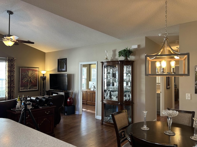 dining area with a textured ceiling, dark hardwood / wood-style flooring, ceiling fan with notable chandelier, and vaulted ceiling