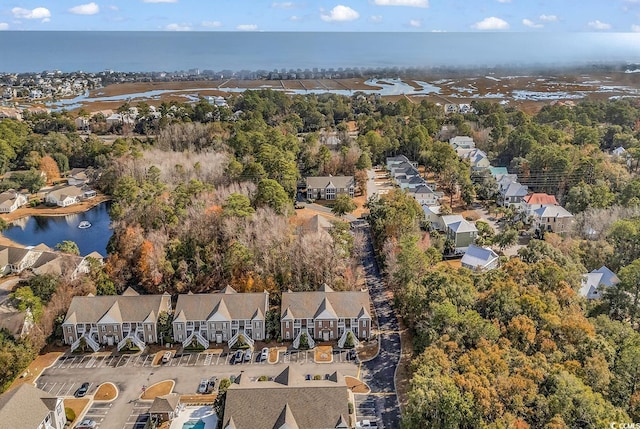 drone / aerial view featuring a water view