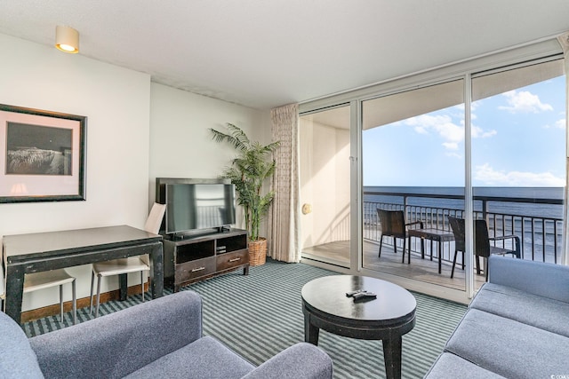 carpeted living room with floor to ceiling windows