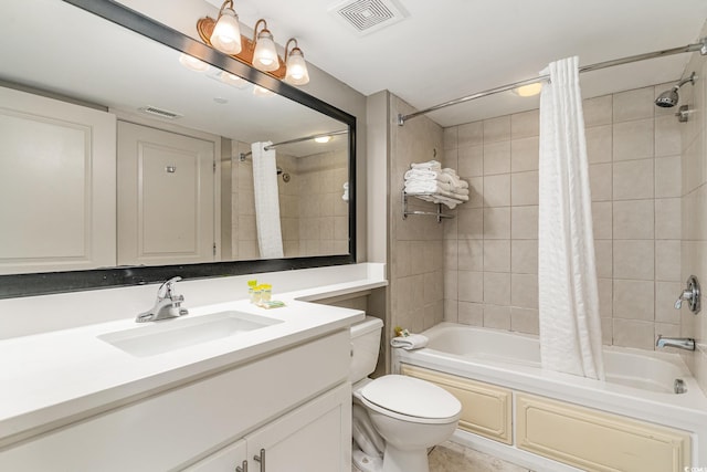 full bathroom featuring vanity, toilet, and shower / bathtub combination with curtain